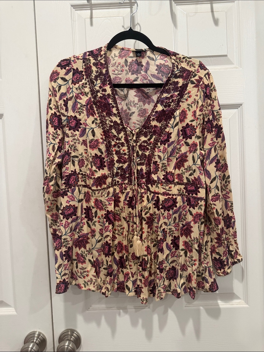 torrid Cream Tunic with Plum Floral Embroidery and Tassel Ties
